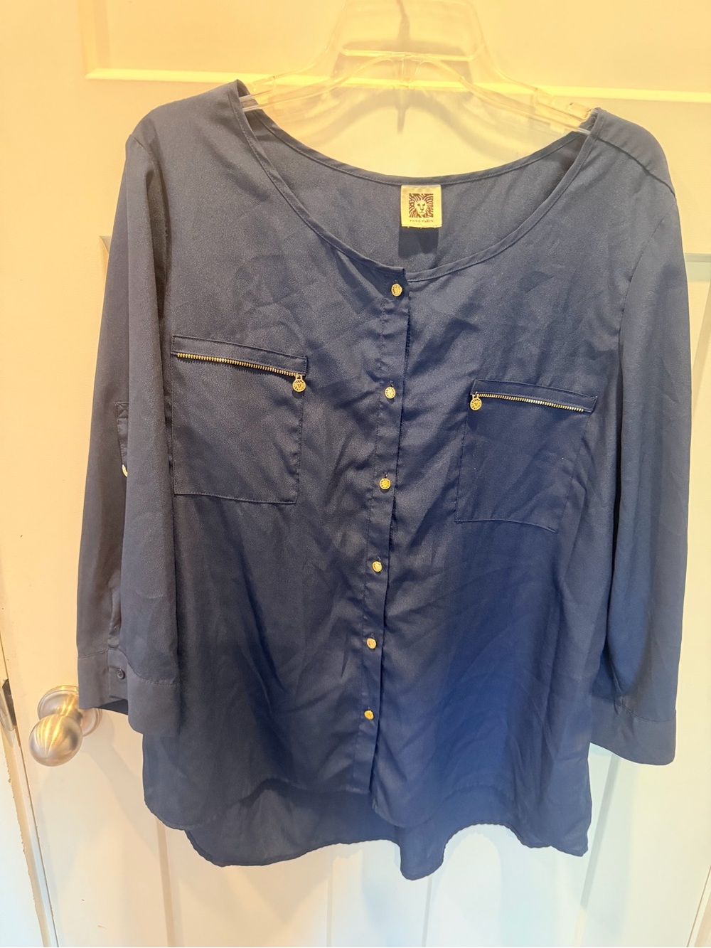 Anne Klein Large Navy Blue Gold Zip Pocket Roll Tab Utility Blouse